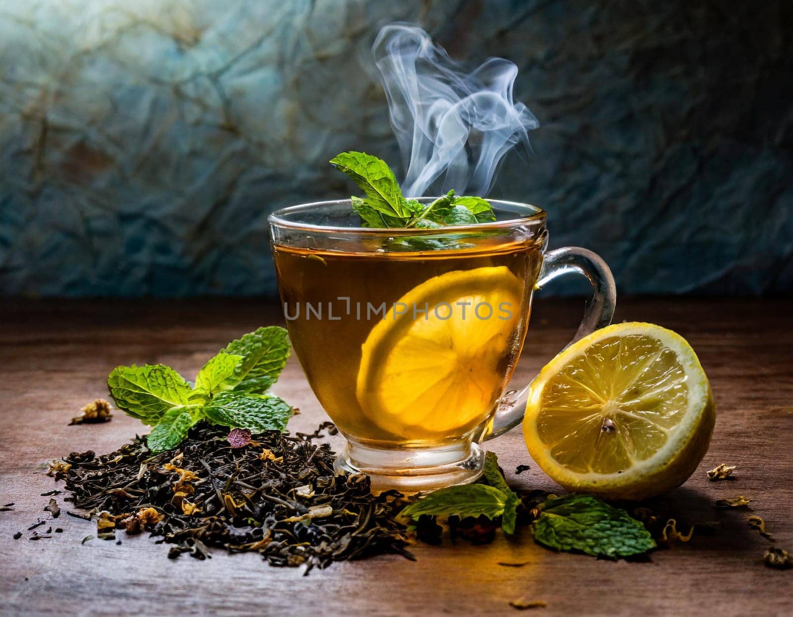 A clear glass cup of tea infused with lemon and mint leaves, steaming on a wooden table surr