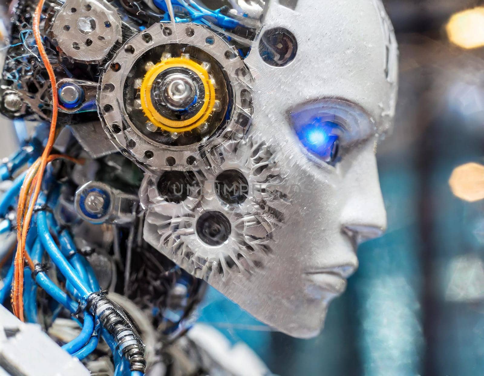 A close up of a robot head with gears and wires