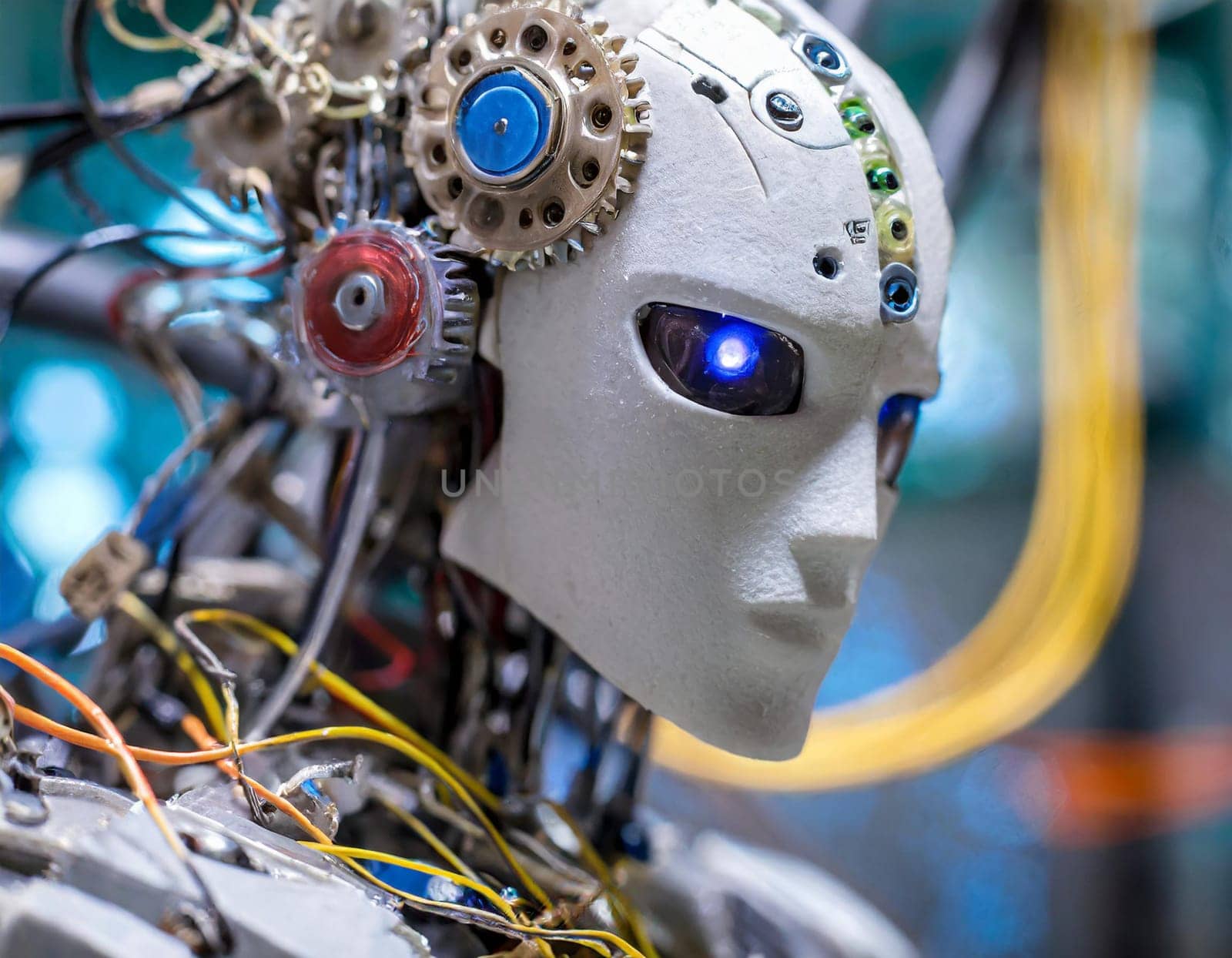 A close up of a robot head with gears and wires