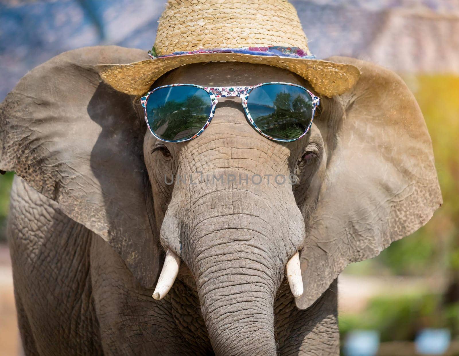 A close up of an elephant wearing sunglasses
