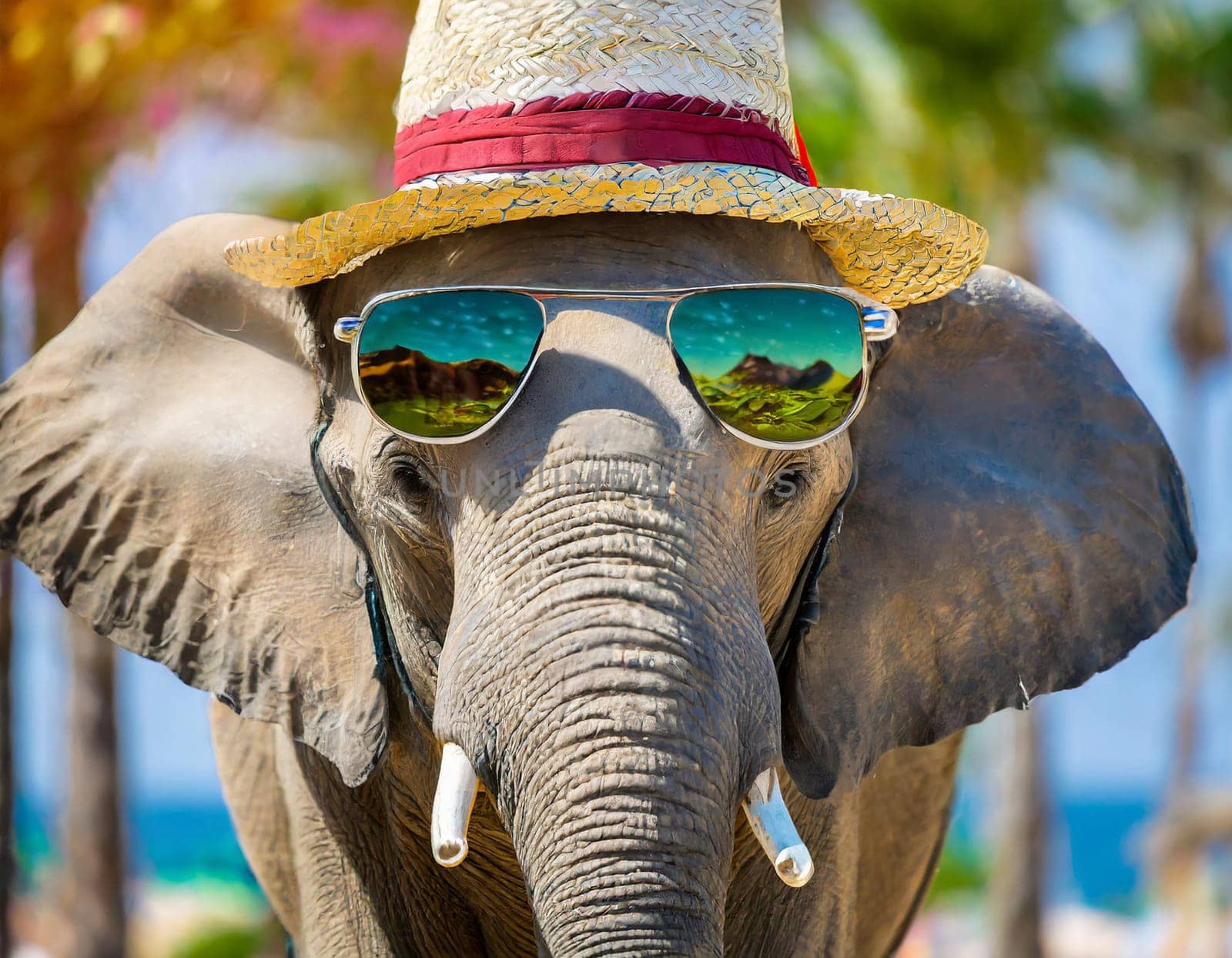 A close up of an elephant wearing sunglasses