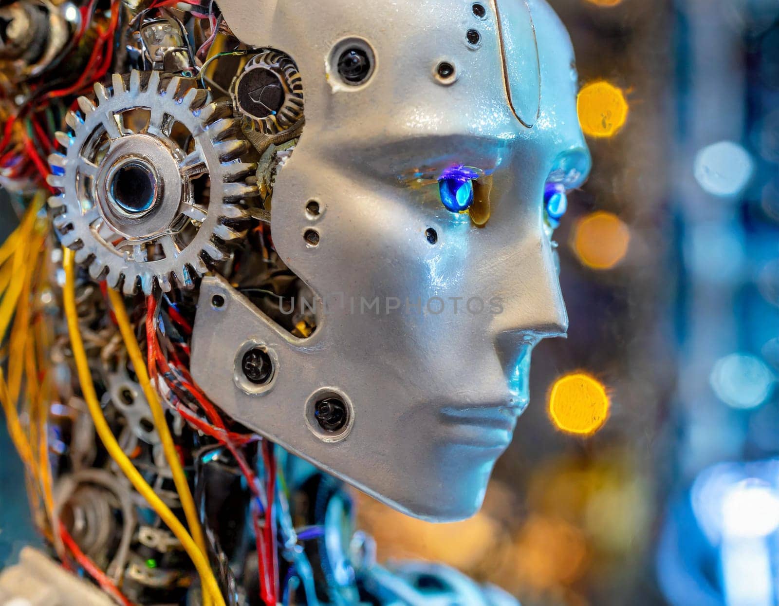 A close up of a robot head with gears and wires