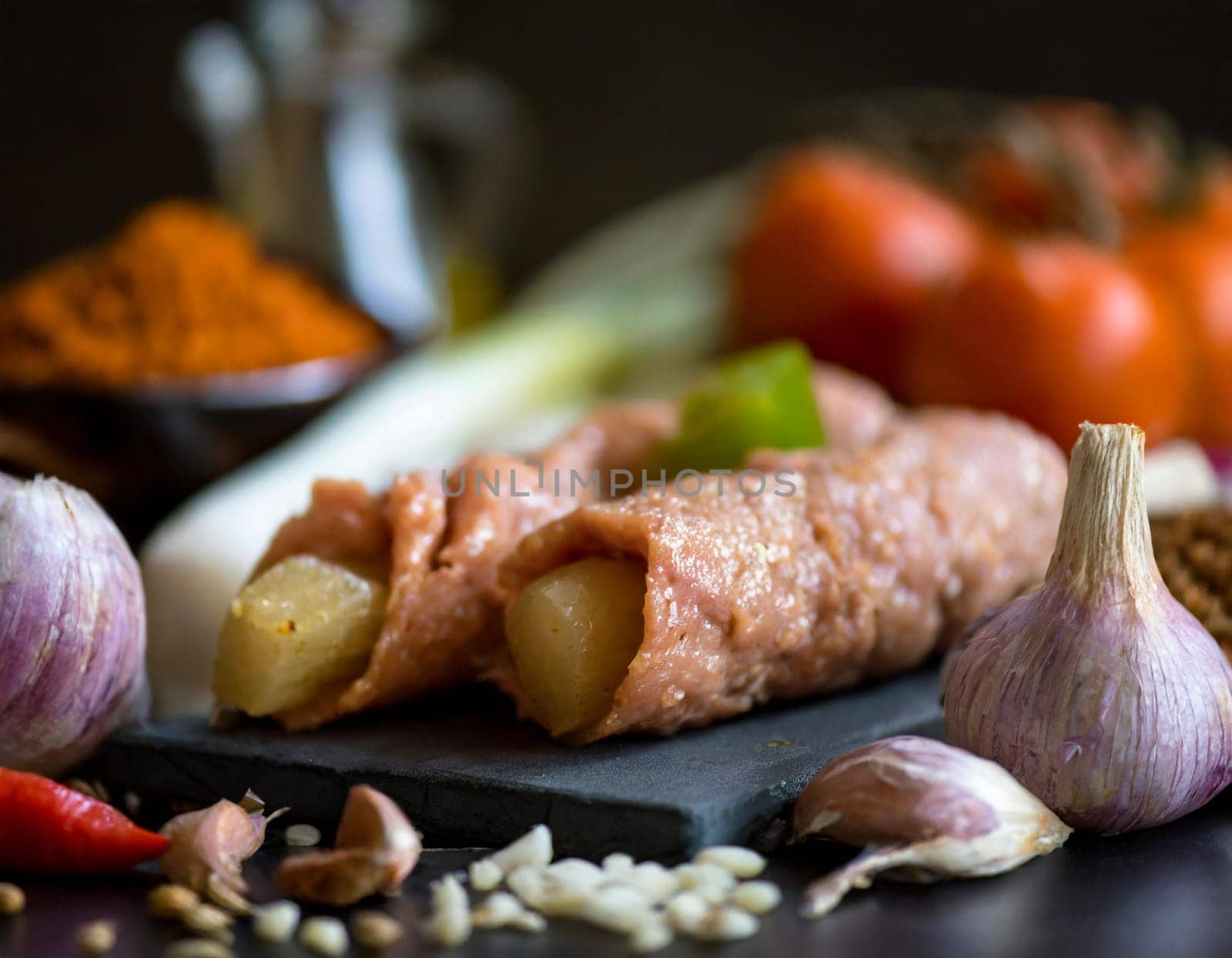 A closeup of kebab ingredients in mi. Concept Food Photography, Close-up Shots, Ingredients