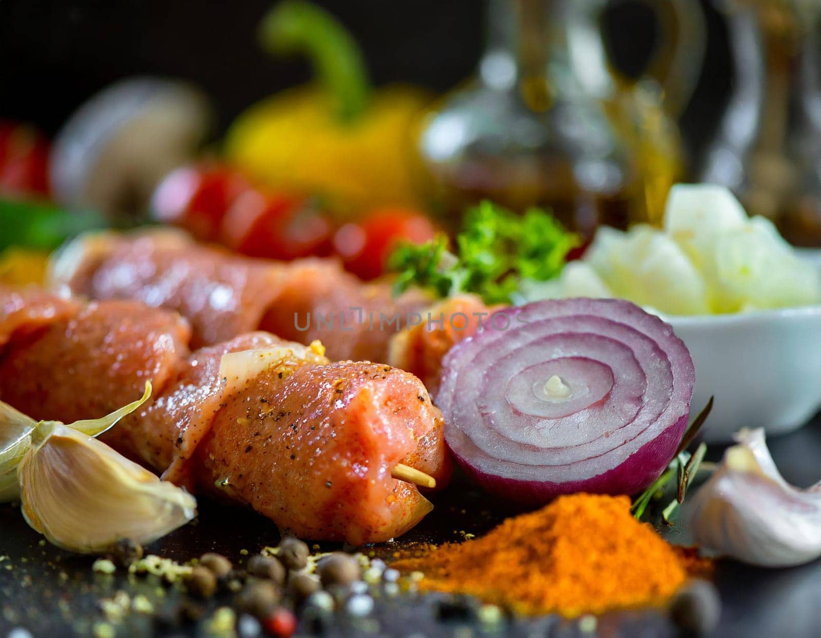 A closeup of kebab ingredients in mi. Concept Food Photography, Close-up Shots, Ingredients