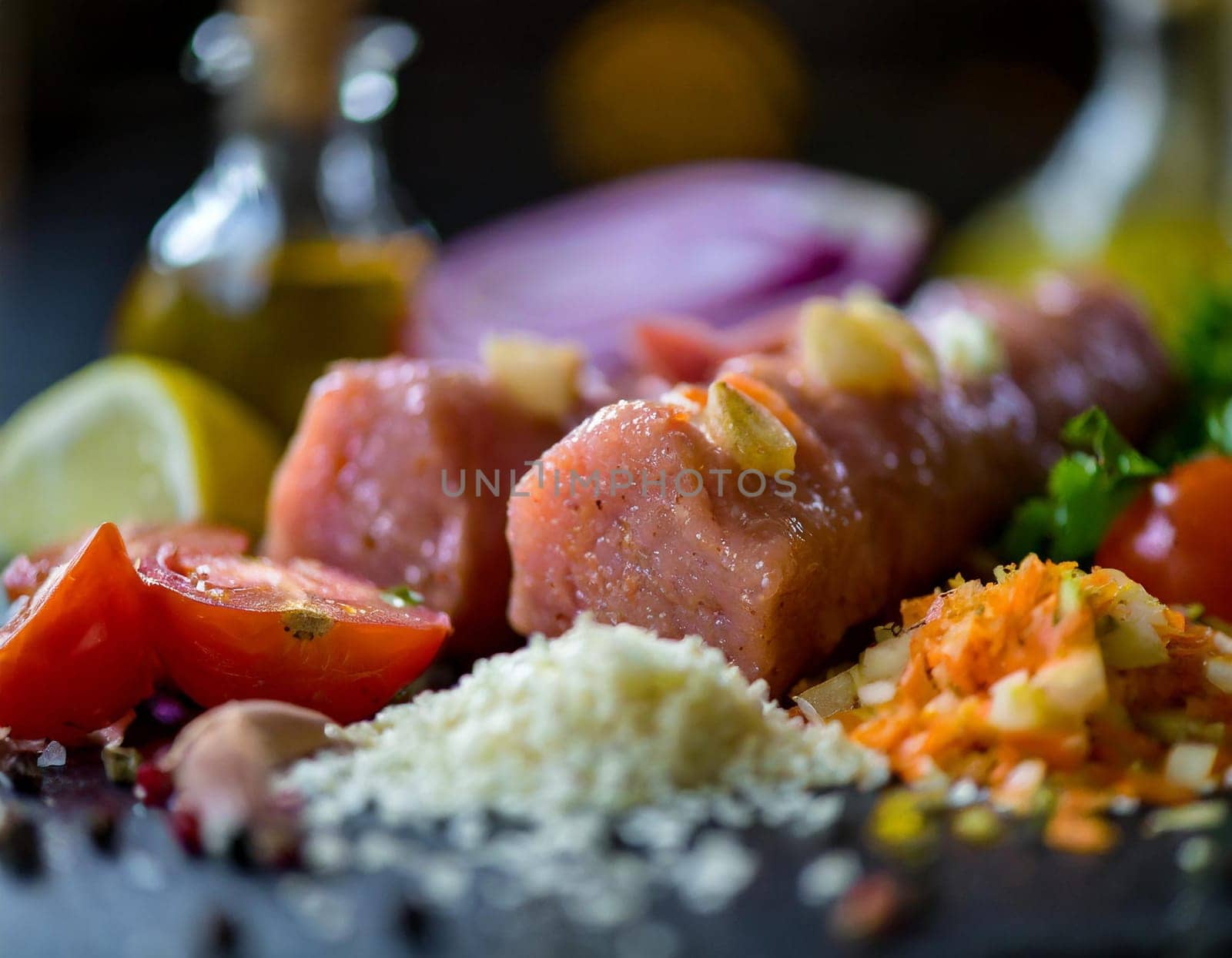 A closeup of kebab ingredients in mi. Concept Food Photography, Close-up Shots, Ingredients