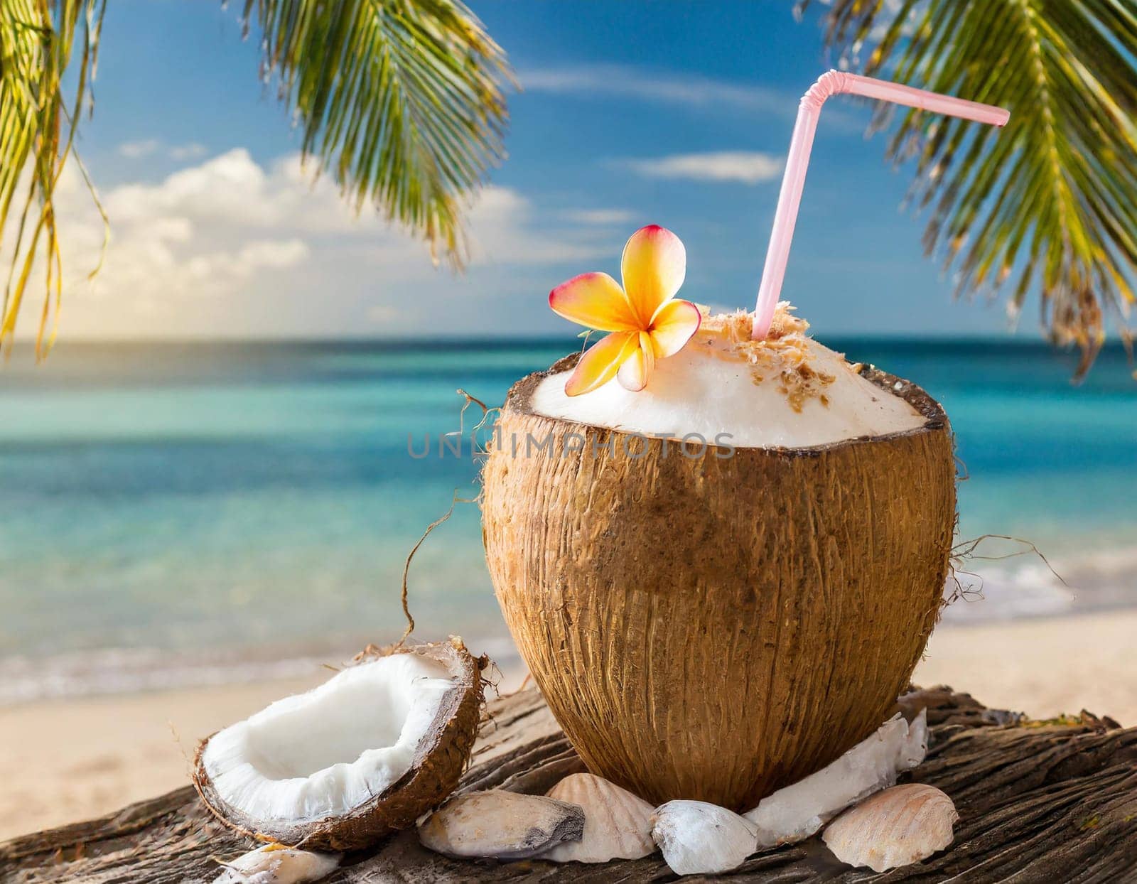 A coconut cocktail with a straw on the palm beach
