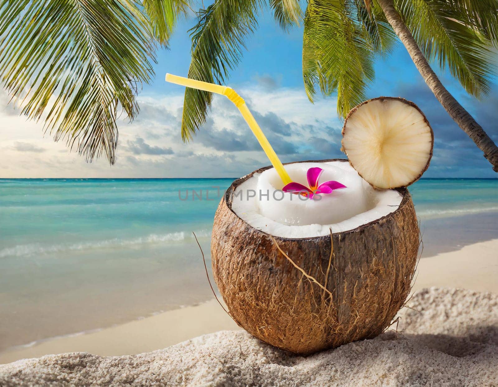 A coconut cocktail with a straw on the palm beach