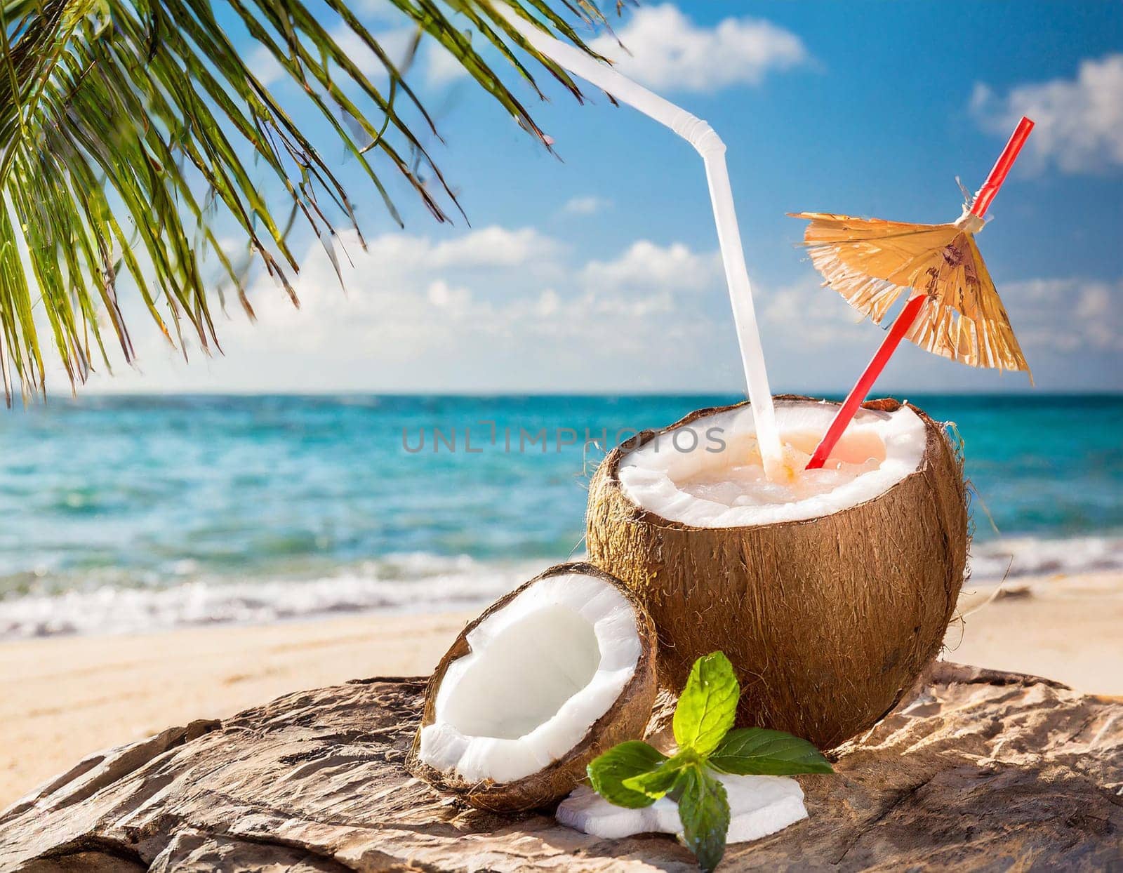 A coconut cocktail with a straw on the palm beach