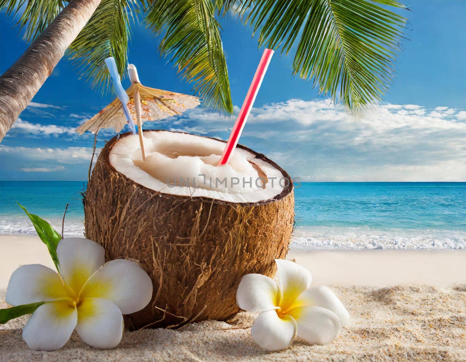 A coconut cocktail with a straw on the palm beach