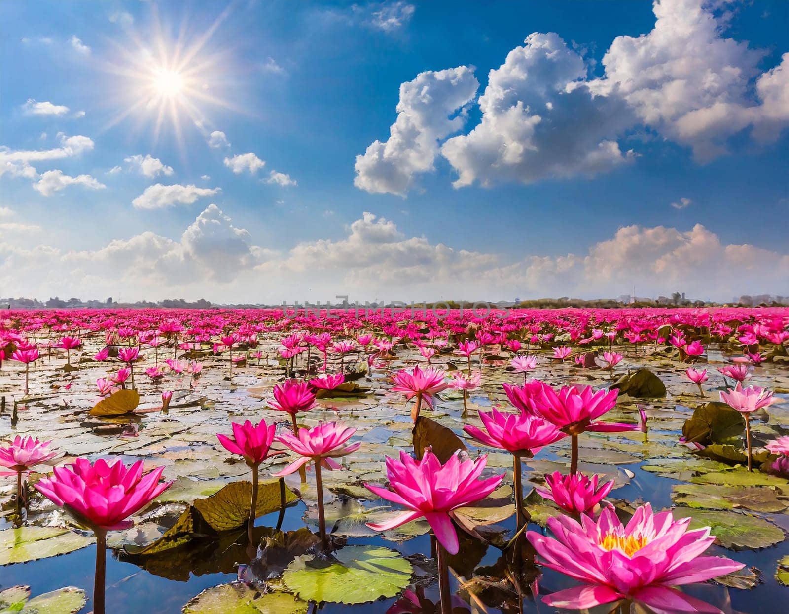 A field of pink lotus flowers under the sun, with petals glowing in shades of magenta.