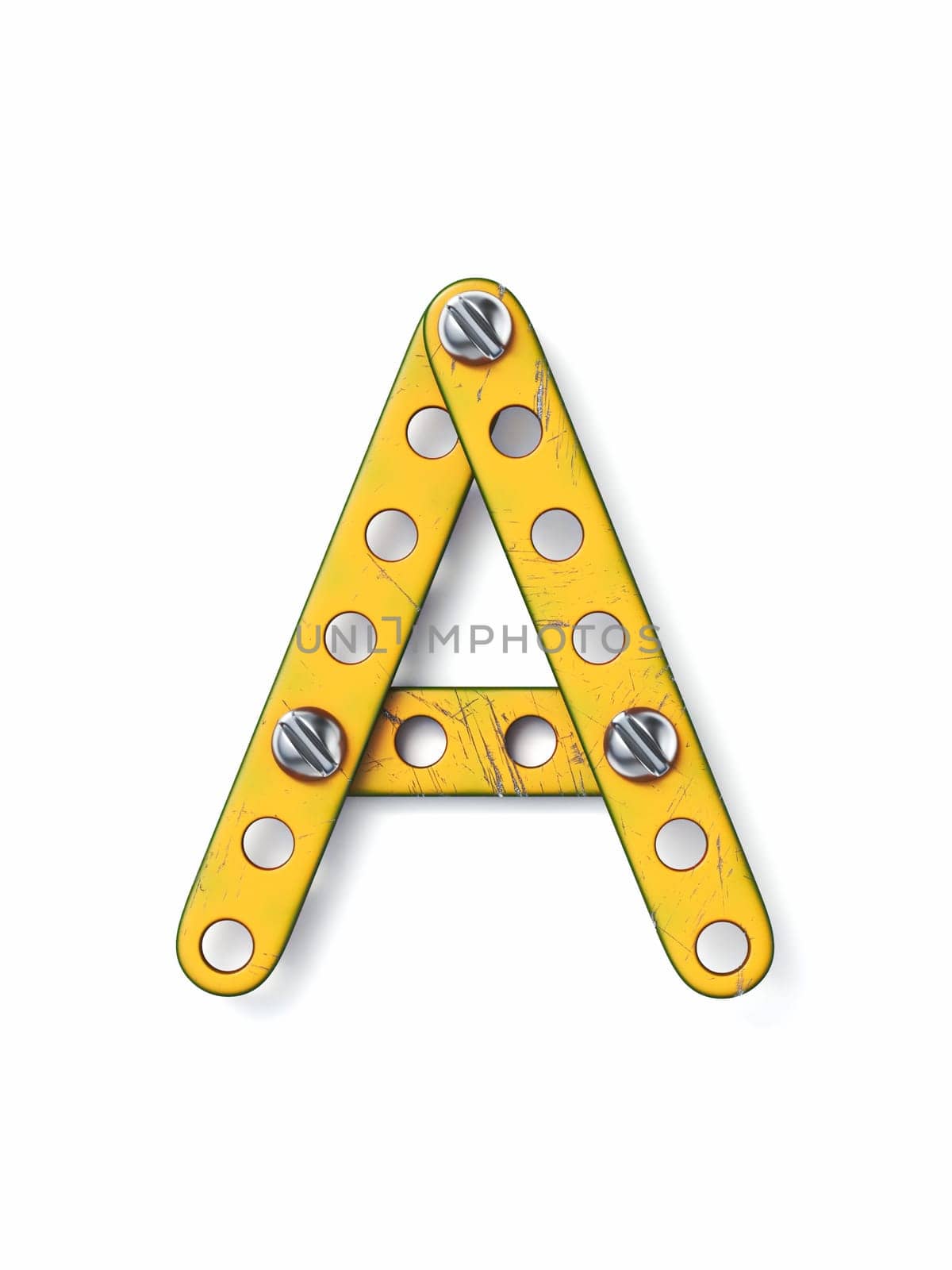 Aged yellow constructor font Letter A 3D rendering illustration isolated on white background