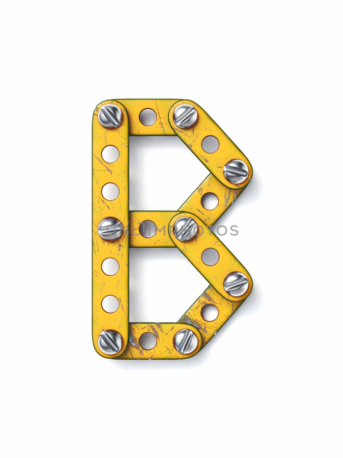 Aged yellow constructor font Letter B 3D rendering illustration isolated on white background