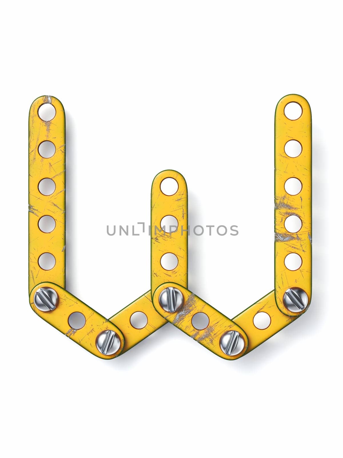 Aged yellow constructor font Letter W 3D rendering illustration isolated on white background
