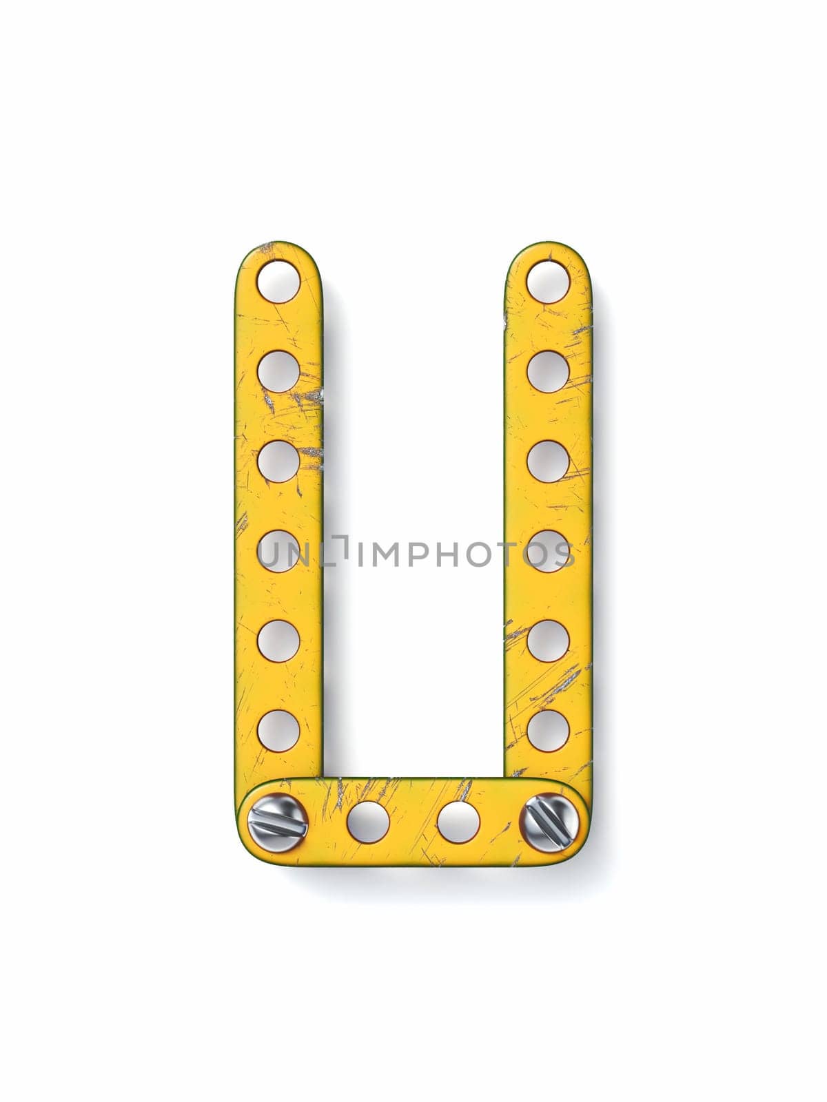 Aged yellow constructor font Letter U 3D rendering illustration isolated on white background