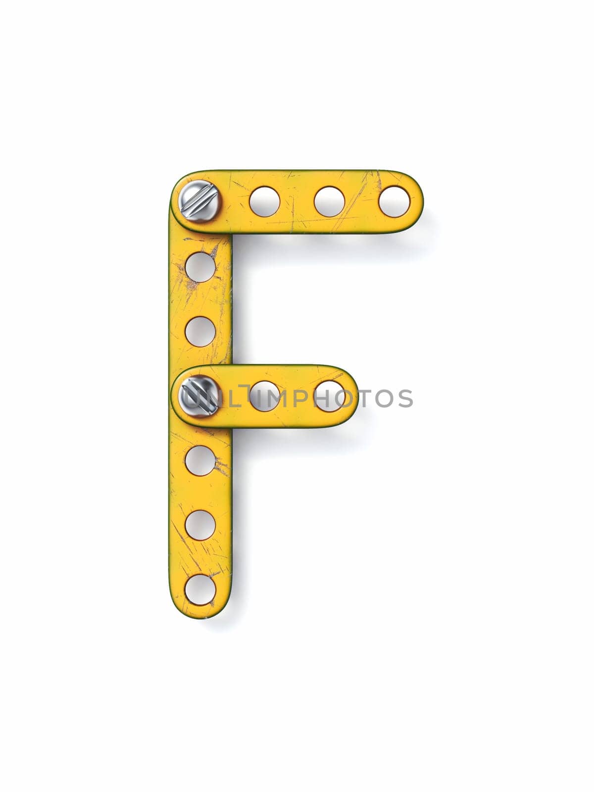 Aged yellow constructor font Letter F 3D rendering illustration isolated on white background