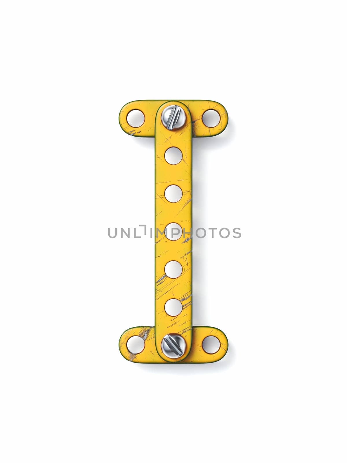 Aged yellow constructor font Letter I 3D rendering illustration isolated on white background