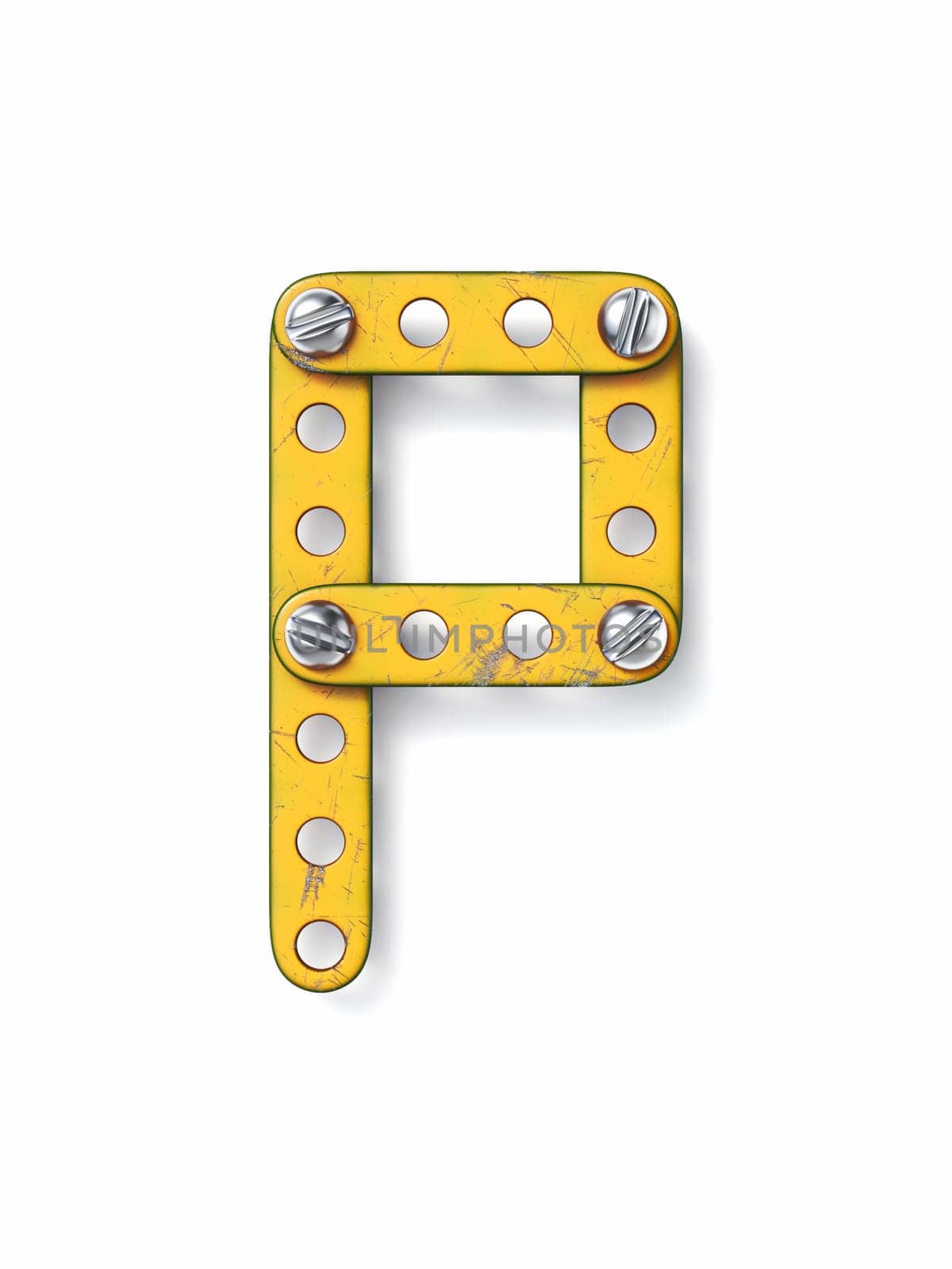 Aged yellow constructor font Letter P 3D rendering illustration isolated on white background