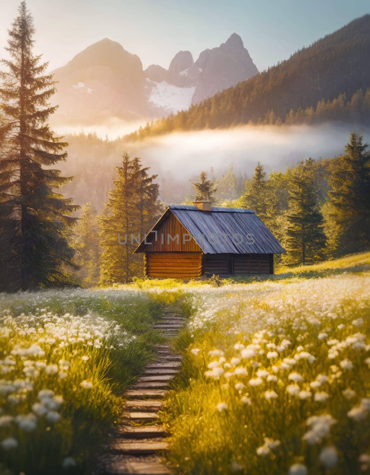 Wooden cabin on a valley surrounded by coniferous forest and mounts under soft mist with a trail leading to the cottage across a meadow of white flowers