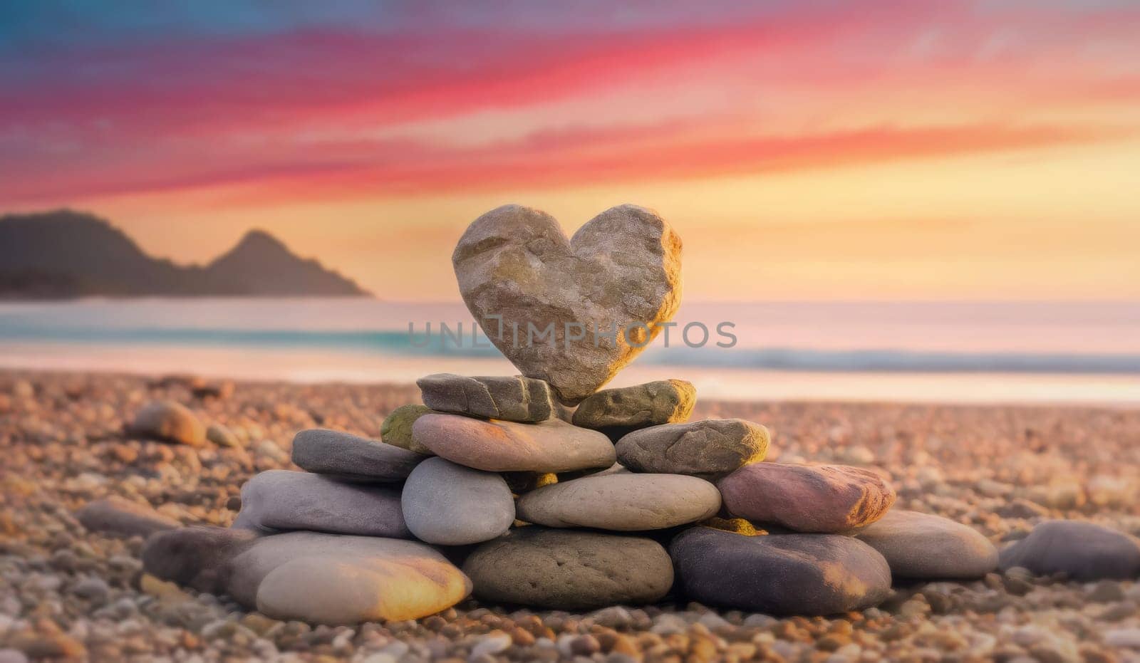 Cairn with a heart shaped stone on the top piled up on a tropical beach at sunrise. Peaceful morning scene seaside