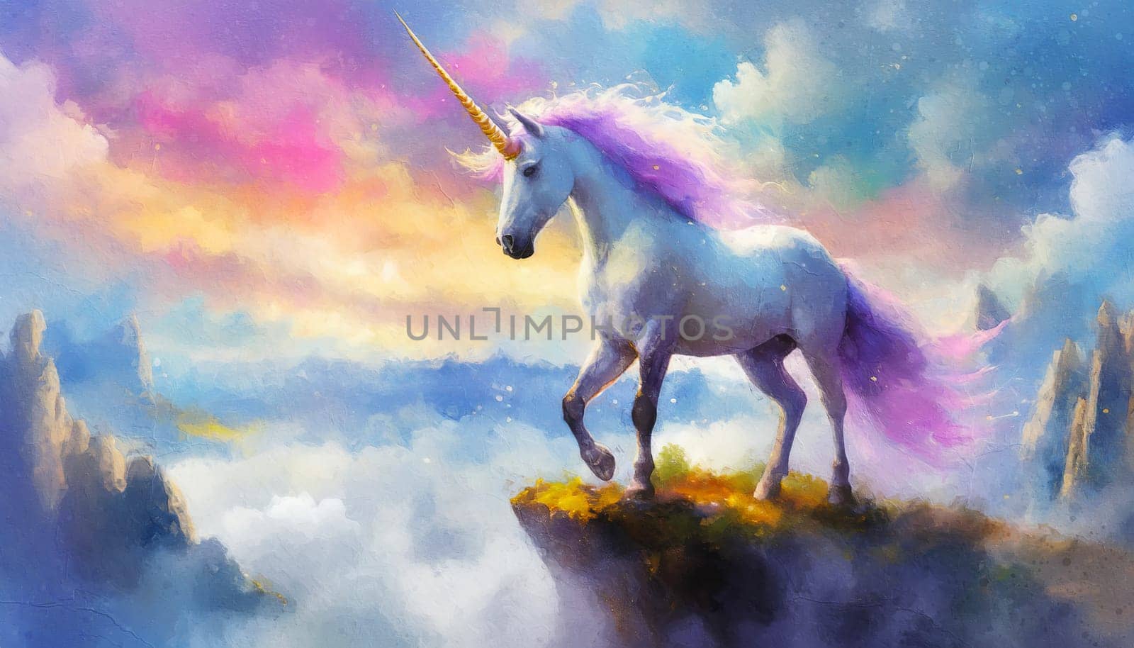 Wild and free unicorn standing lonely at the edge of a cliff above the clouds with a scenery view to dreamland