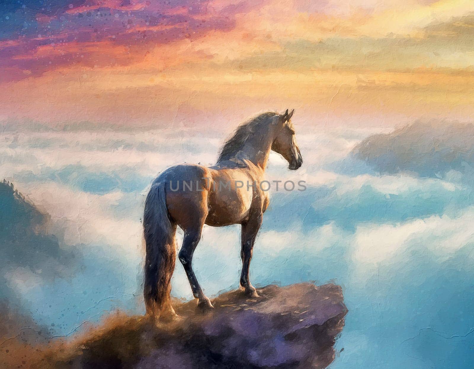 Wild horse silhouette standing on the edge of a cliff with a scenery view above the clouds at sunset