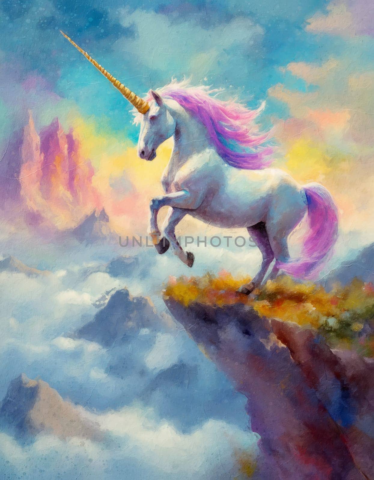 Wild and free unicorn standing on rear hoof at the edge of a cliff above the clouds with a scenery view