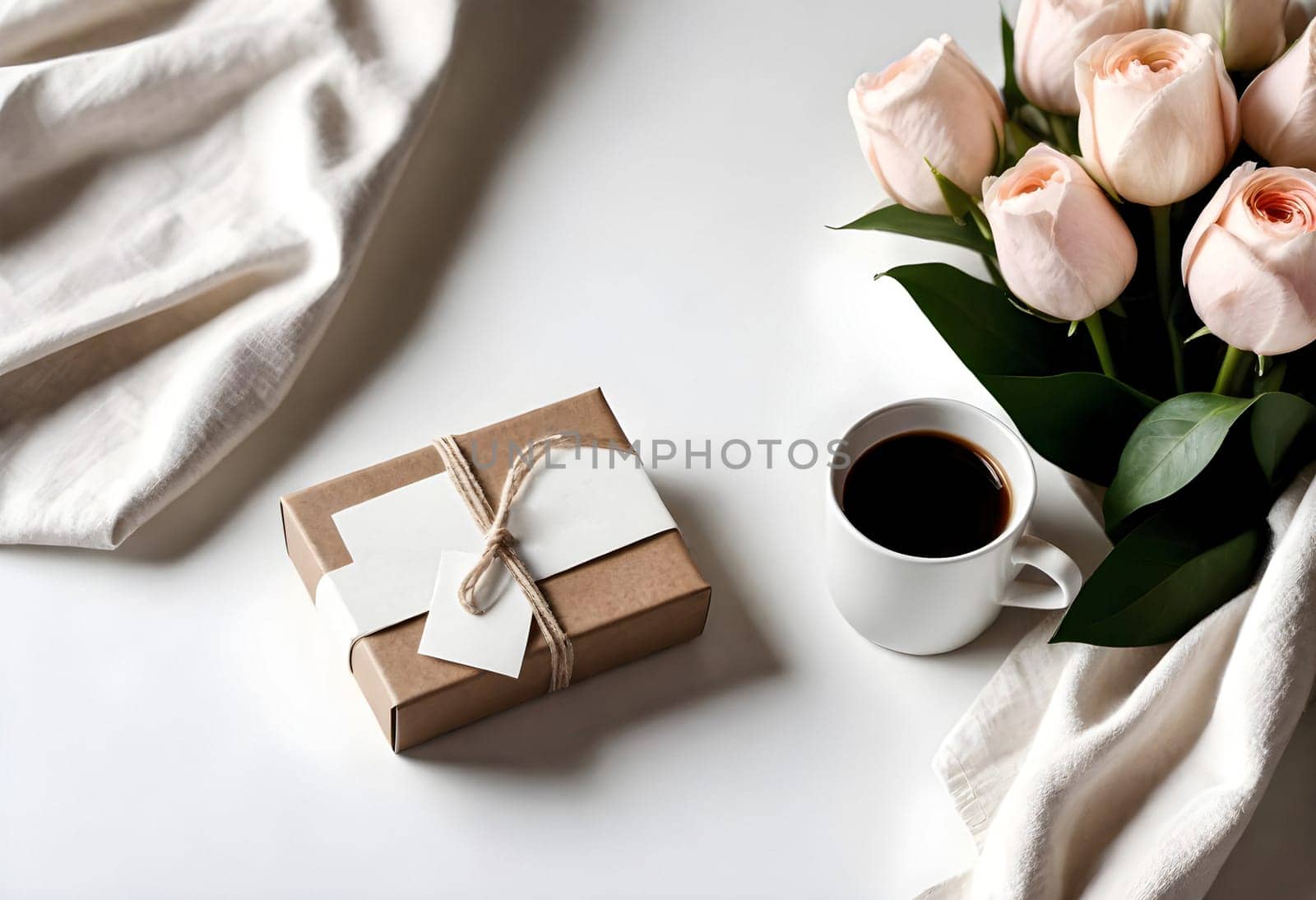 AI generated of gift box with coffee and roses on white background