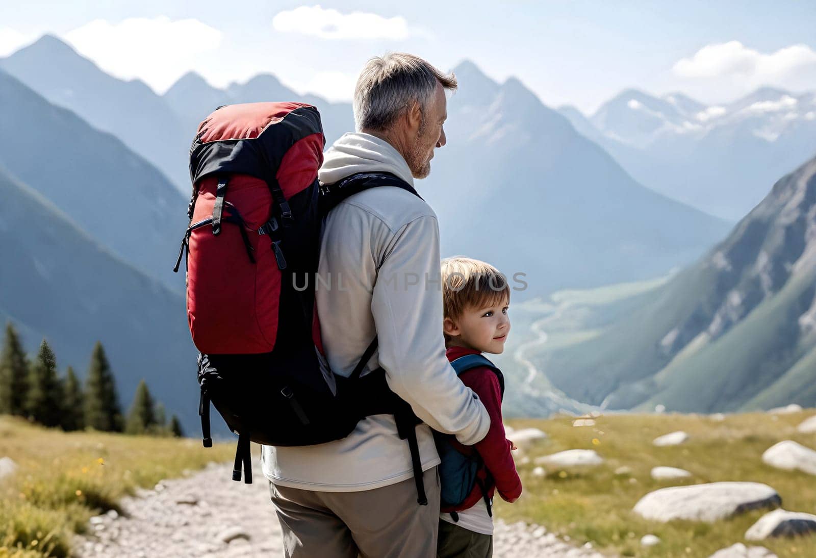 AI generated of a man and a child with backpacks on a trail