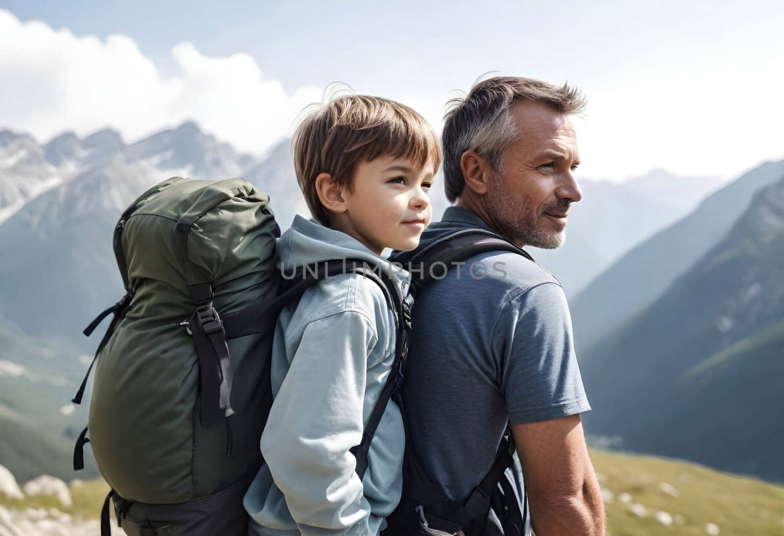 AI generated of a father and son are posing for a picture with mountains in the background