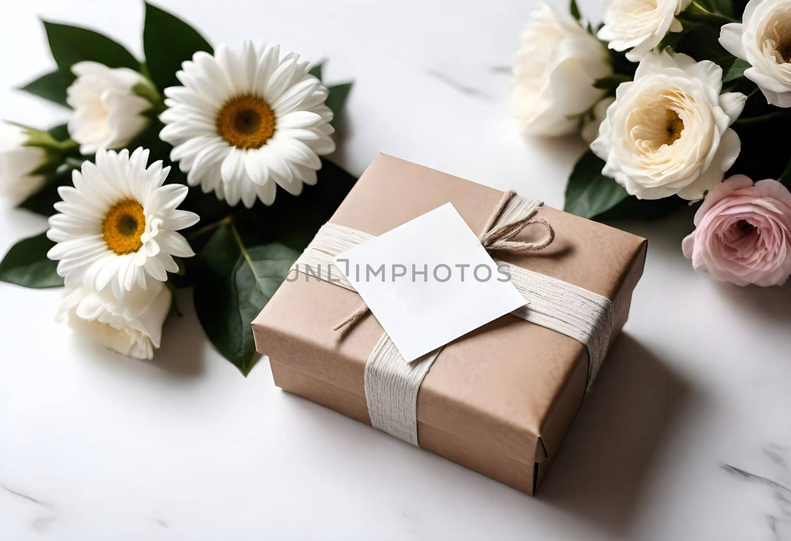 AI generated of gift box with flowers and a gift tag on a white background