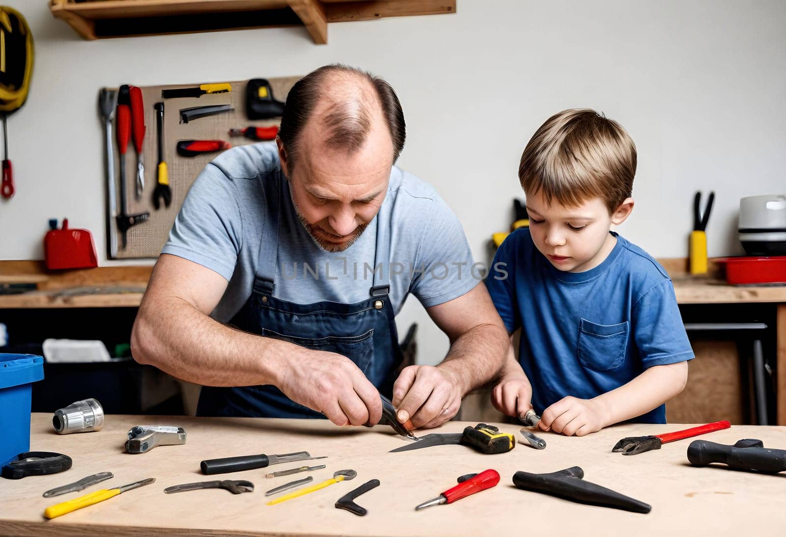 AI generated of a man and a boy are working on a project with tools