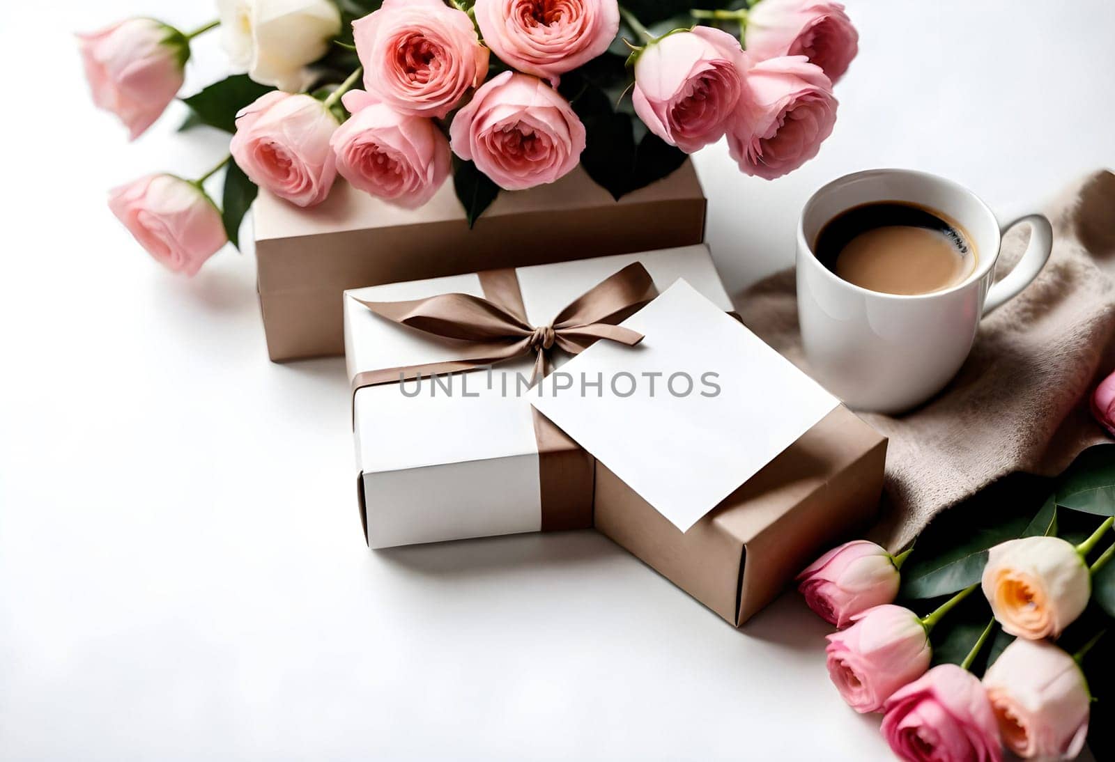 AI generated of gift box with flowers and coffee cup on white background