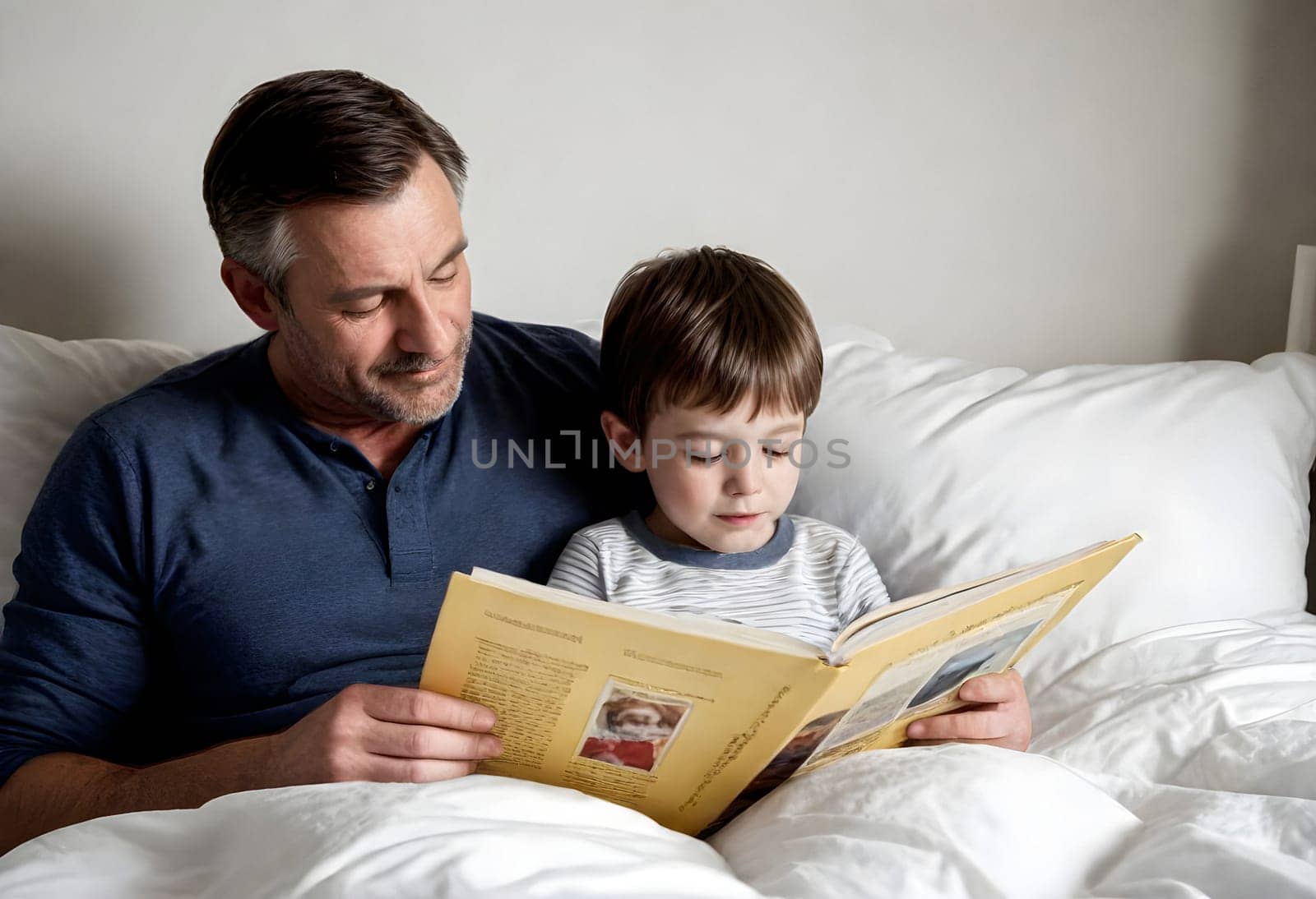 AI generated of a man and his son reading a book on a bed