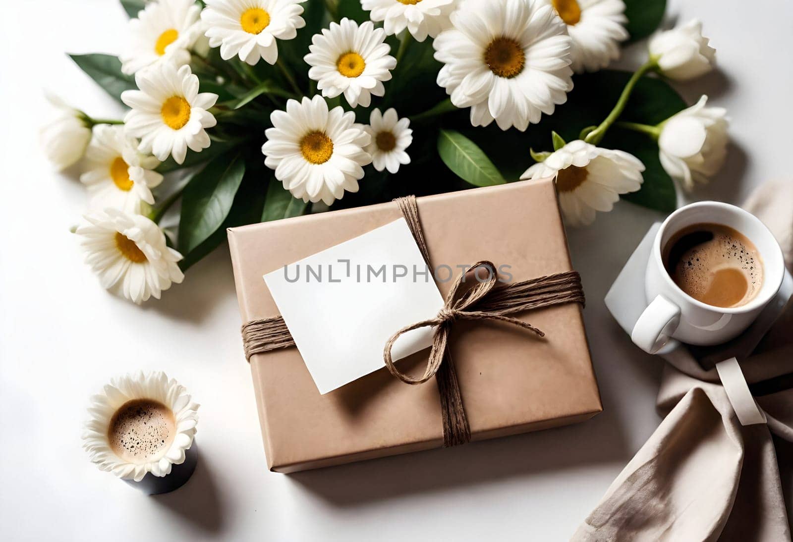 AI generated of gift box with flowers and coffee on white background