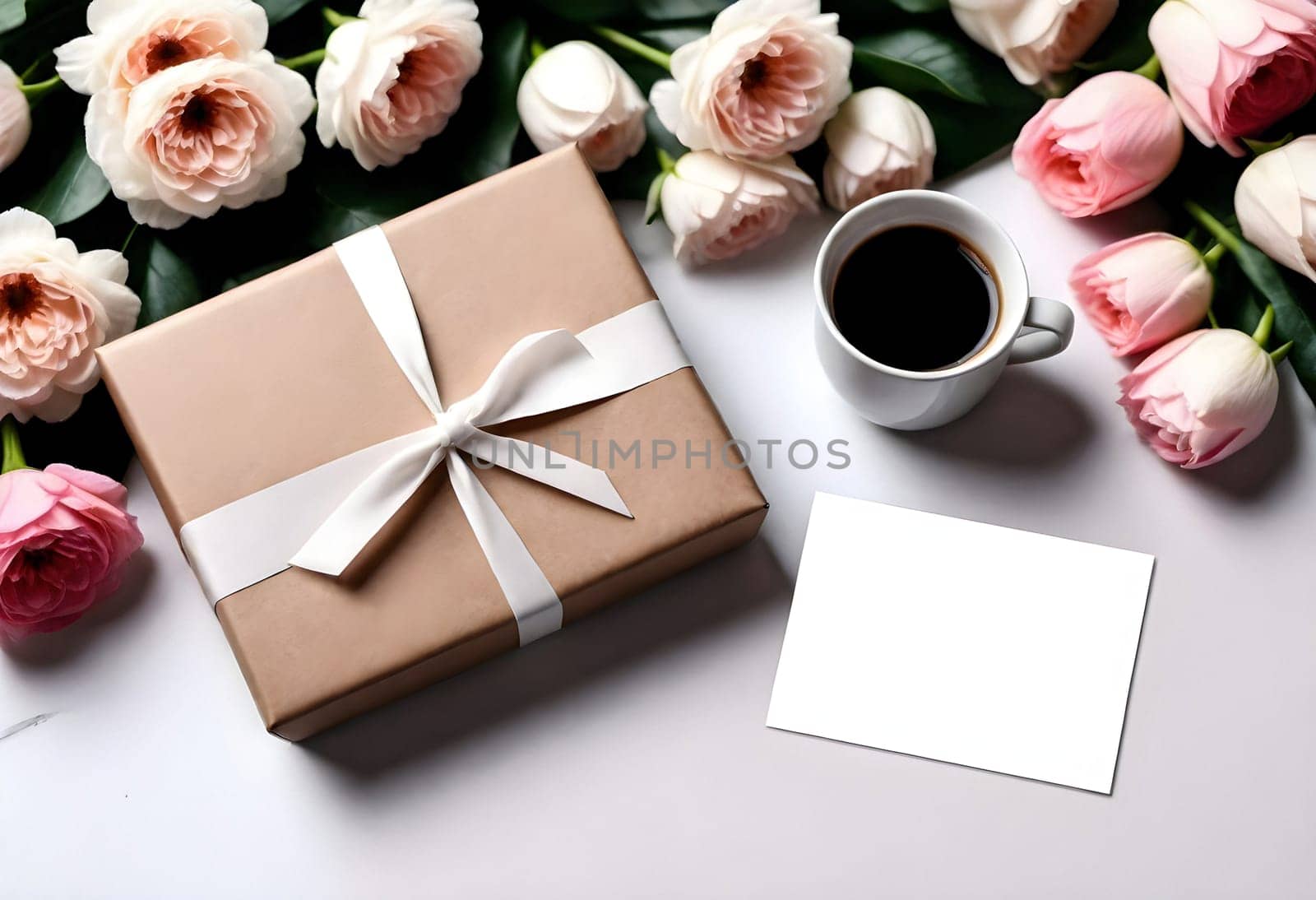 AI generated of gift box with flowers and coffee on white background
