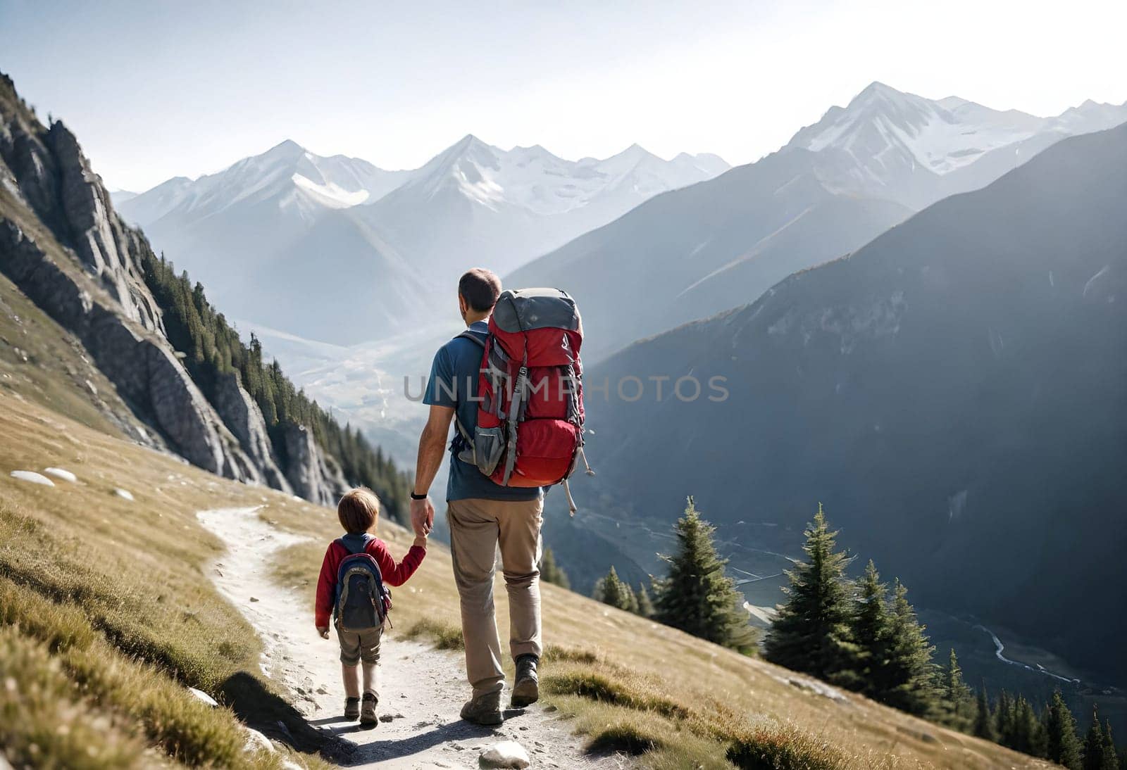 AI generated of a father and son are walking on a trail with mountains in the background