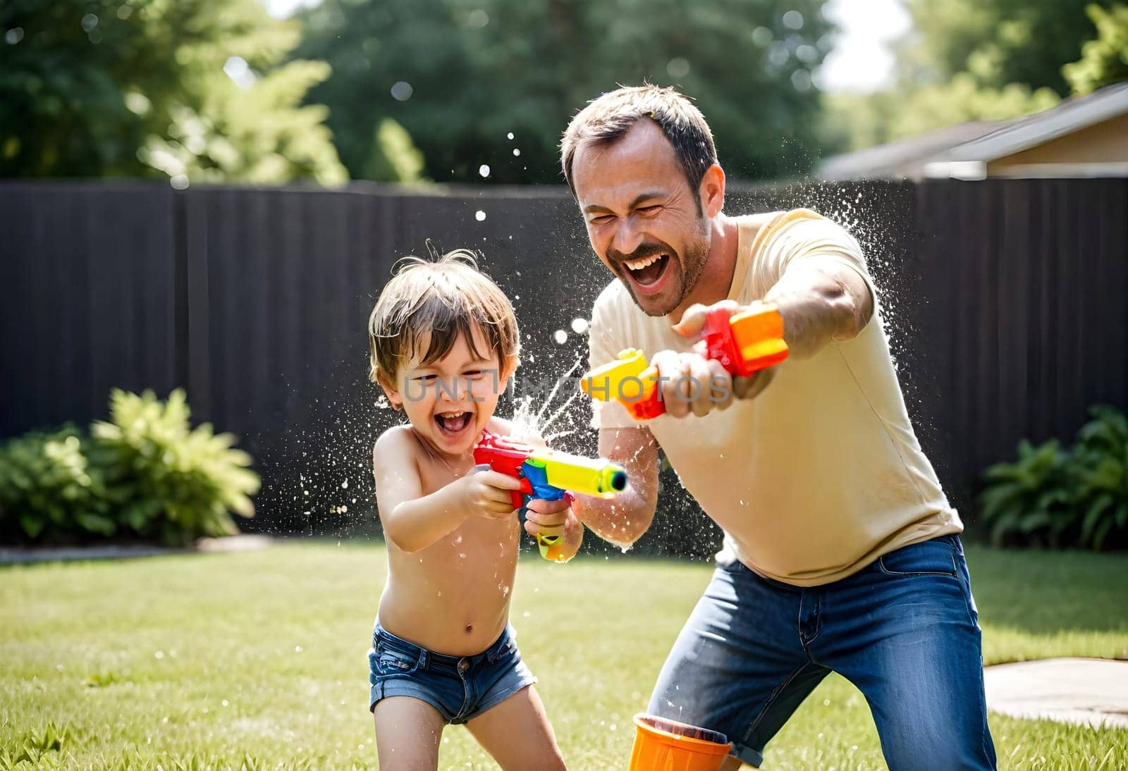 AI generated of father and son playing with water guns in backyard