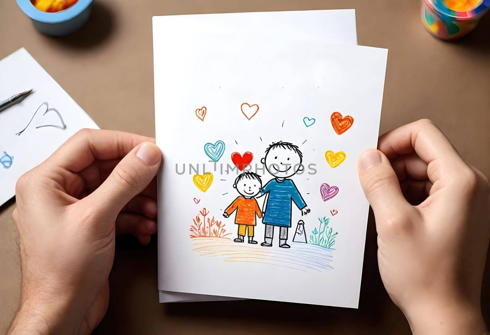 AI generated of a person holding a card with a drawing of a father and son