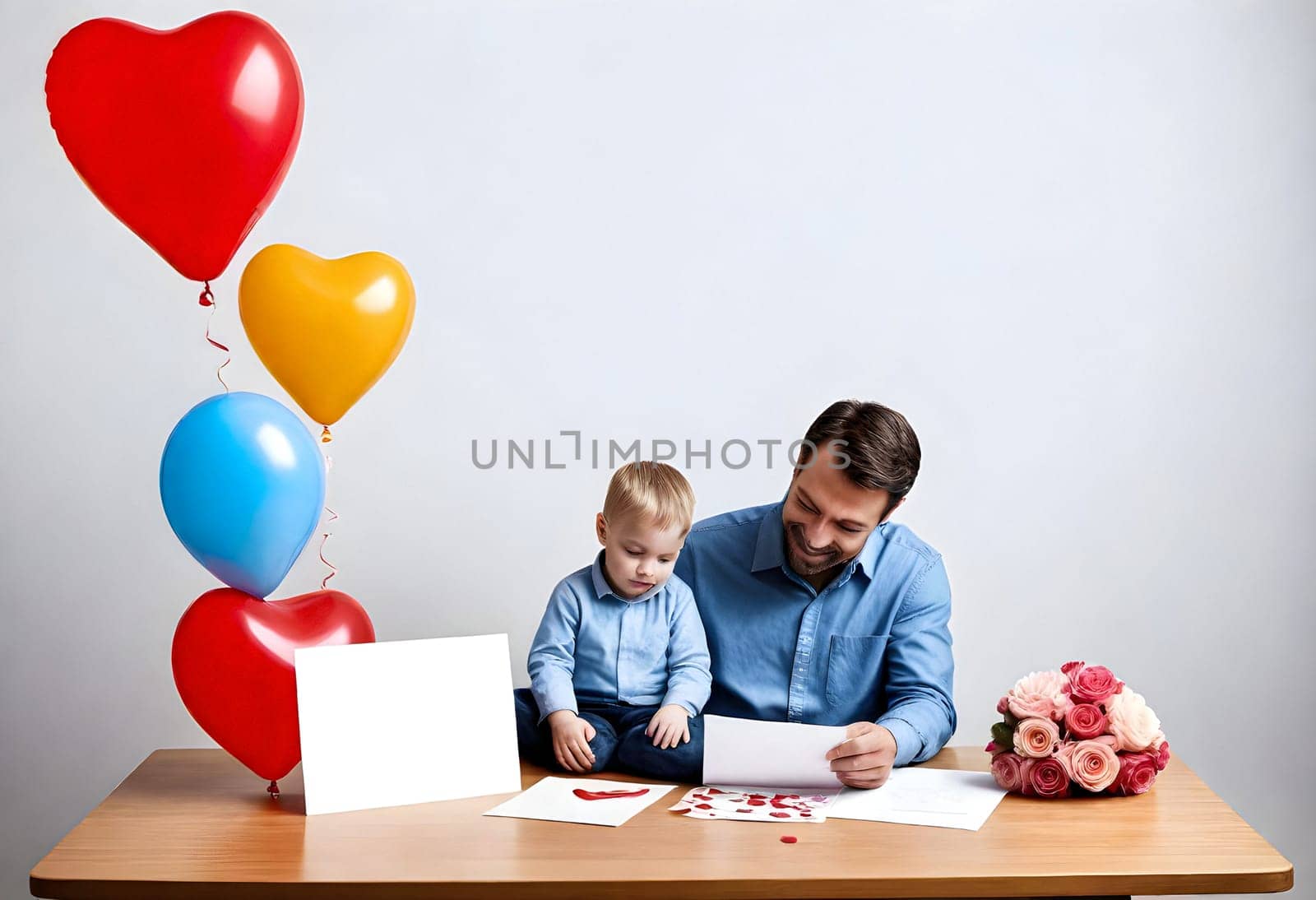 AI generated of a man and a child sitting at a table with balloons and hearts