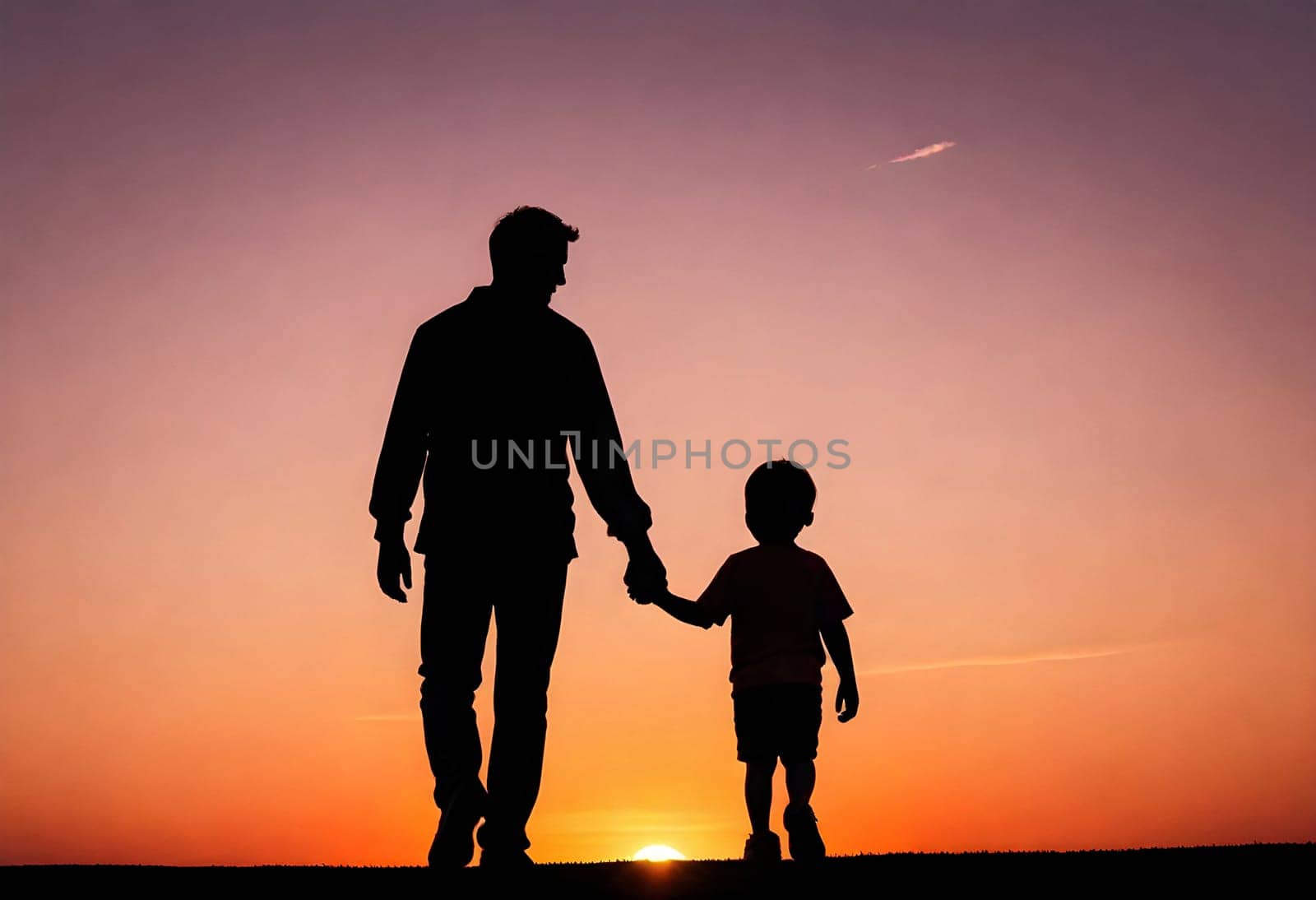 AI generated of a father and child are silhouetted against the sunset