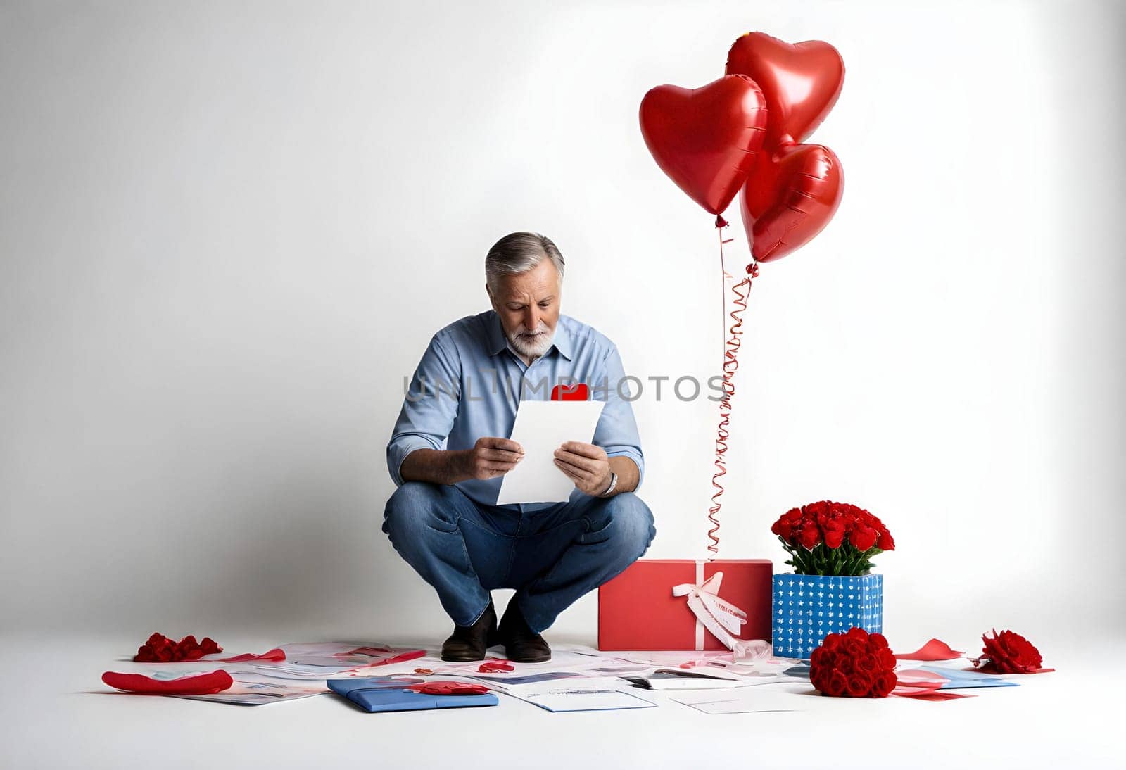 AI generated of a man sits in front of a heart shaped balloon with a red heart in the background
