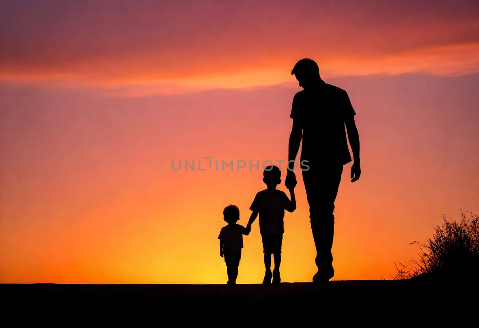 AI generated of a man and two children walking at sunset
