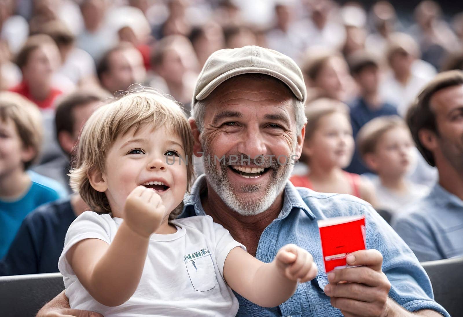 AI generated of a man and a child are sitting in a stadium