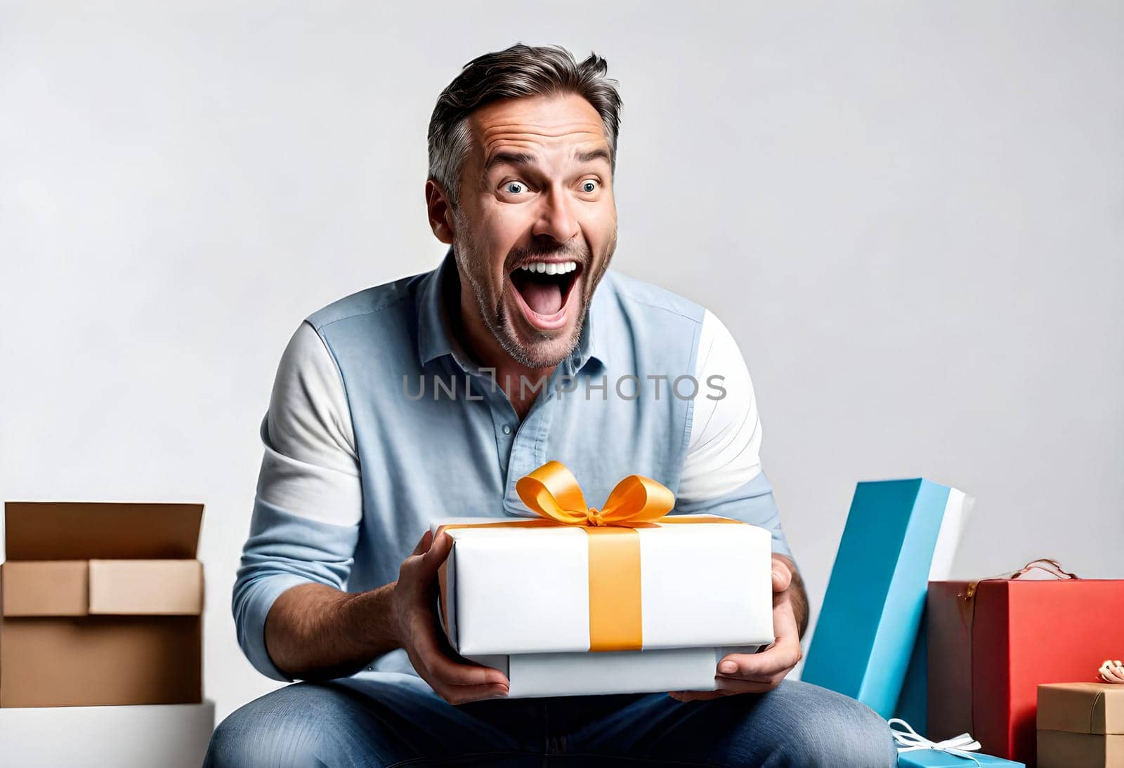 AI generated of a man is holding a gift box and looking surprised