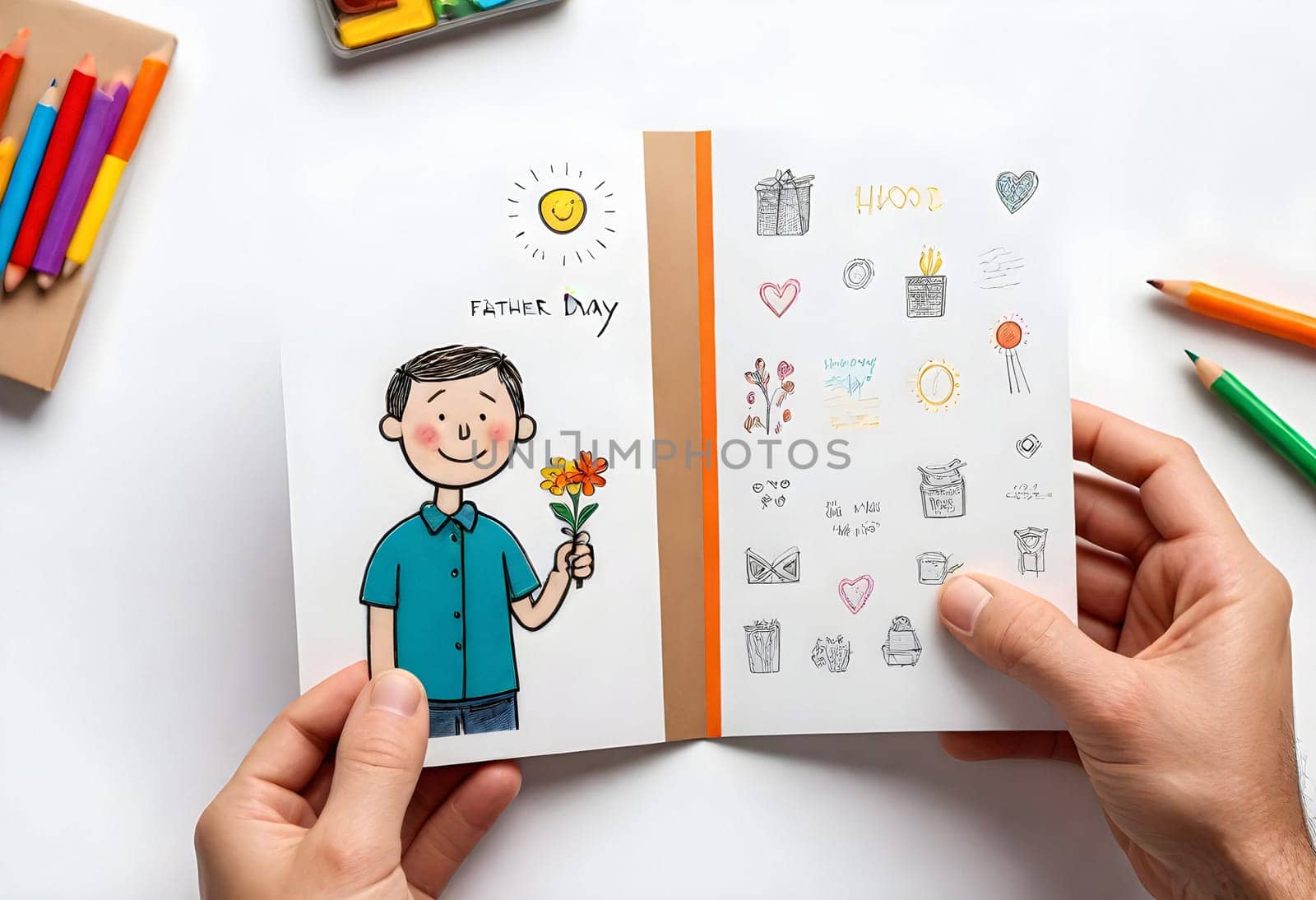 AI generated of a person holding a book with a drawing of a man holding a flower