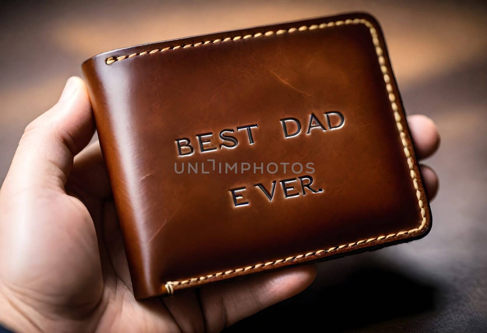AI generated of a hand holding a wallet that says best dad ever