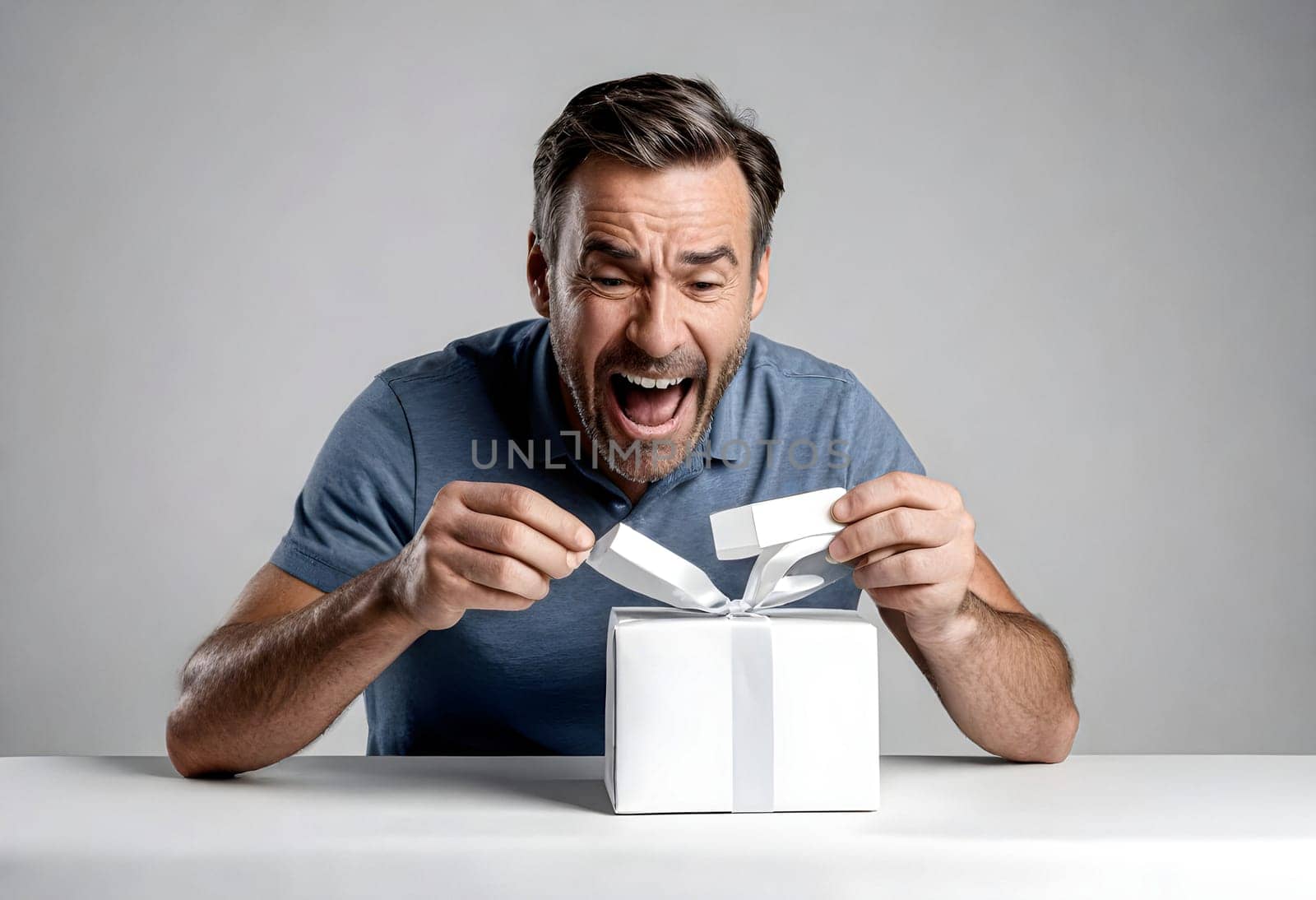 AI generated of a man is opening a gift box with his mouth wide open