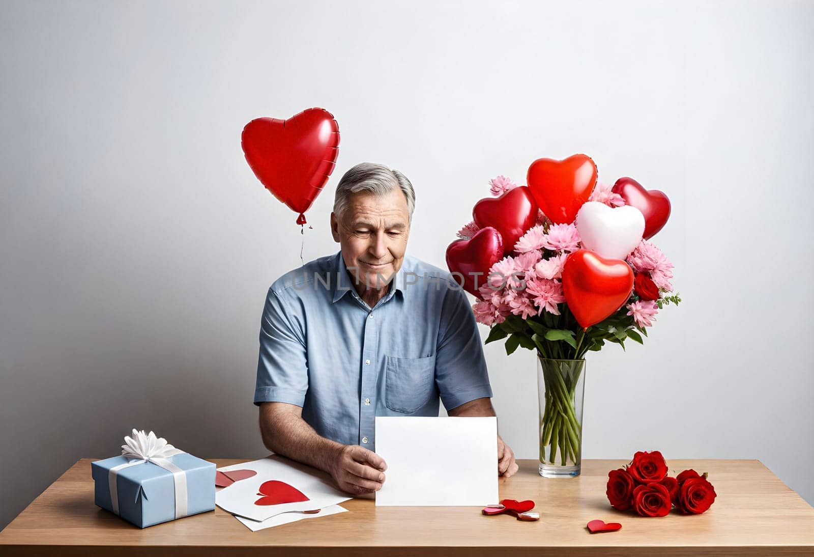 AI generated of an older man holding a card and a bouquet of flowers