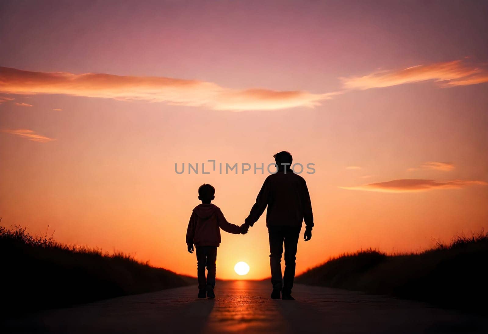 AI generated of a man and child walking down a road at sunset