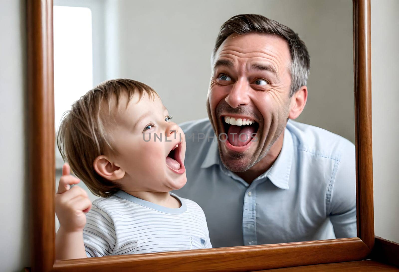 AI generated of a man and a child are laughing in front of a mirror